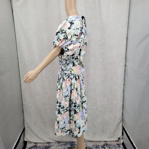 Impromptu 80s Vintage Floral Prom Puff Sleeve Dress Fitted Bodice - Picture 7 of 15